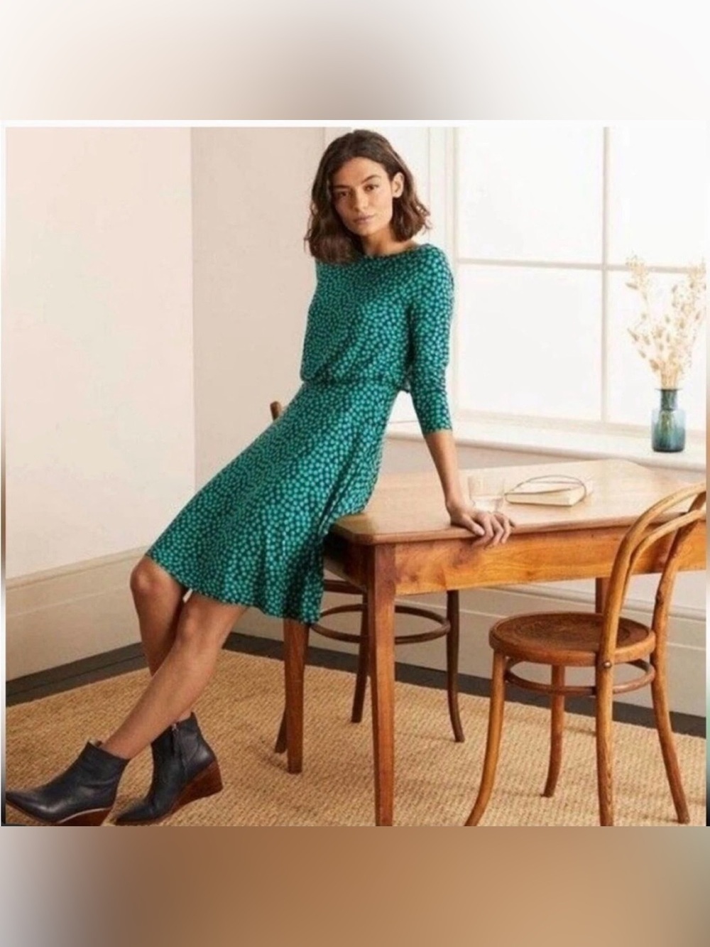 Boden Women's Size 4 Nellie Polka Dot Green Blue Long Sleeve Jersey Dress